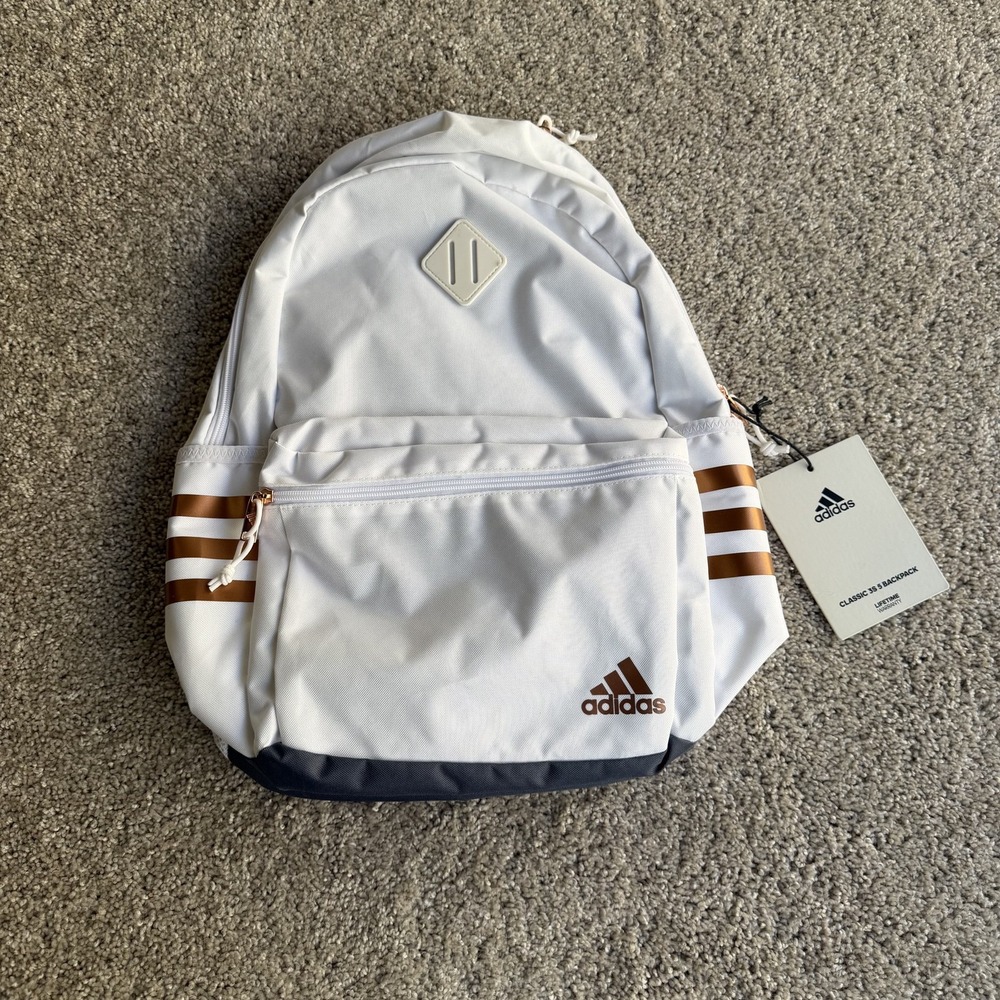 Adidas White 16" Classic 3S 5 Backpack Soft Case Women Laptop Bag Daypack